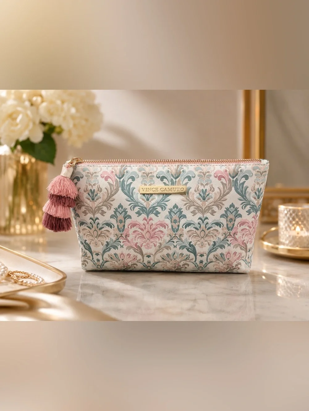 Vince Camuto Floral Damask Cosmetic Pouch - Pink & Teal